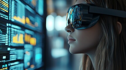 Woman wearing VR glasses analyzing data on large screen.
