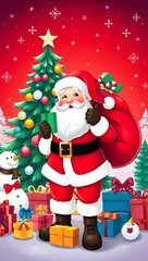 Fototapeta premium Merry Christmas Scene with Santa, Gifts, and Holiday Lights - Digital Artwork, Santa Claus Christmas Illustration, Festive Holiday Vector, Christmas Tree and Santa, Santa Claus Holding Gifts in Front 
