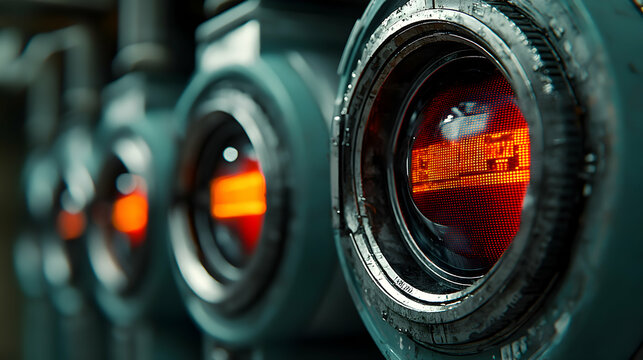 A close up of glowing orange circular objects in a teal industrial setting. Perhaps machine instrumentation or visual displays. Suggests tech and sci-fi themes.