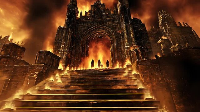 Hellish gates of fire with towering dark architecture and figures walking up fiery steps towards the ominous entrance


