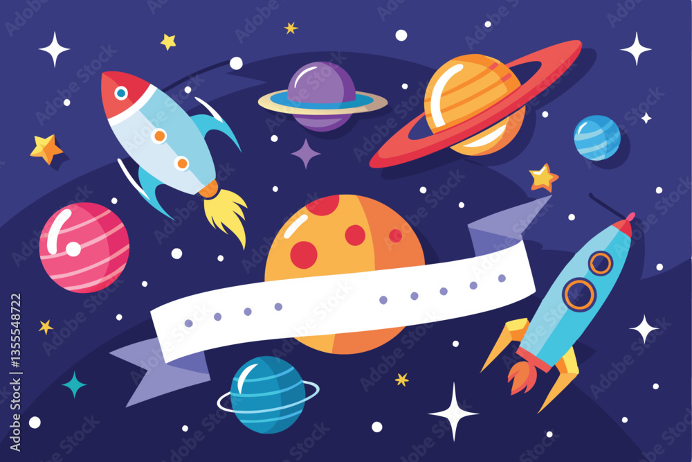 Poster explore the wonders of space in a minimal vector illustration featuring rockets, planets, and stars 