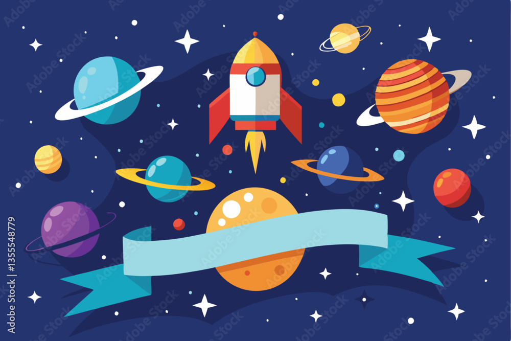 Poster explore the wonders of space in a minimal vector illustration featuring rockets, planets, and stars 