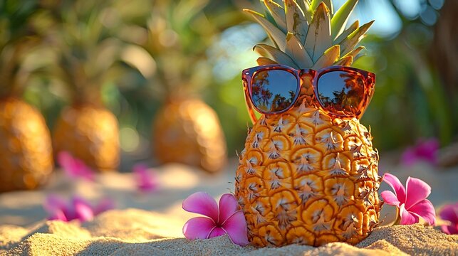 Pineapple wearing sunglasses on sandy beach.