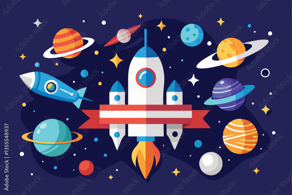 Poster explore the wonders of space in a minimal vector illustration featuring rockets, planets, and stars 