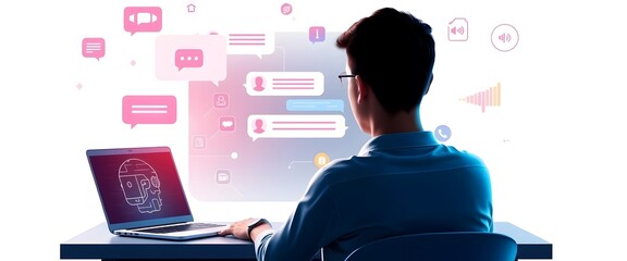 A person working on a laptop at a desk in an office environment, typing on the keyboard and using technology to communicate online