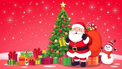 Merry Christmas Scene with Santa, Gifts, and Holiday Lights - Digital Artwork, Santa Claus Christmas Illustration, Festive Holiday Vector, Christmas Tree and Santa, Santa Claus Holding Gifts in Front 