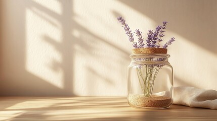 Lavender flowers in glass jar on wooden surface, bathed in sunlight.
