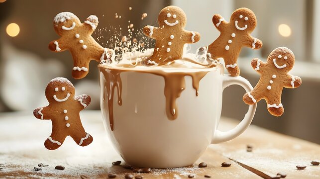 Gingerbread cookies splashing into a warm beverage in a large white mug
