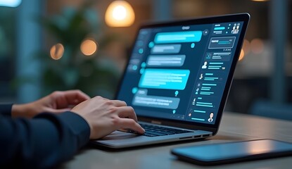Hacker working on laptop in office with hands on keyboard and fingers typing, surrounded by technology, screen, and business environment