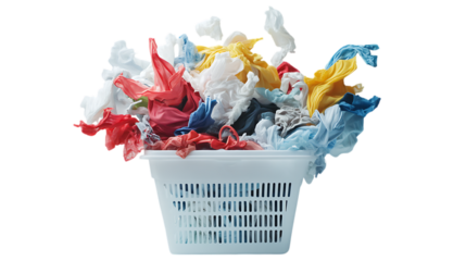 Clothes spilling out of a white plastic basket isolated on PNG