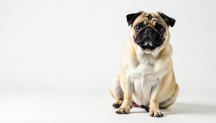 Adorable pug dog sits alone against white backdrop, funny, studio shot