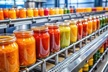 Conveyor belt speeds, glass jars filled with factory-made sauce, ready for market.