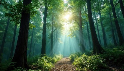Fototapeta premium Sunbeams Through the Mystical Forest