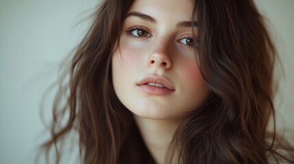 Naklejka premium A stunning close-up portrait of a gorgeous young brunette female model with long, flowing brown wavy hair. 