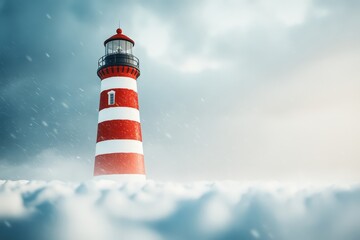 Lighthouse stands tall during snowy storm, surrounded by ice, against a cloudy background