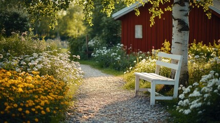 Swedish summer garden with wildflowers, berry bushes, and red cottage near a white bench under birch tree

