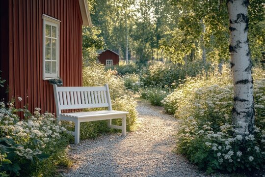 Swedish summer garden with wildflowers, berry bushes, and red cottage near a white bench under birch tree

