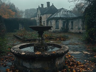 Forgotten walled garden with tangled brambles, broken greenhouse, and moss-covered fountain behind an old manor house

