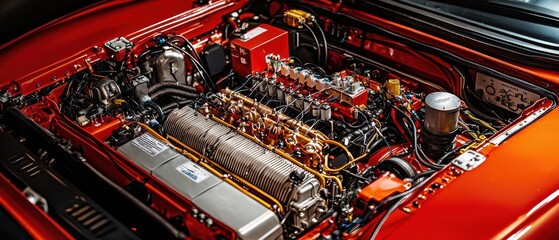 Inspecting electric car engine compartment post repair workshop high fidelity image indoor detailed view wiring analysis