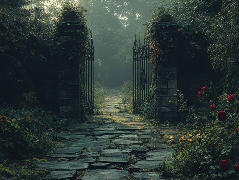 Overgrown English garden with cracked stone paths, ivy-covered statues, and wild roses at misty sunrise

