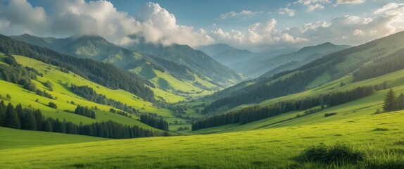 Fototapeta premium Stunning view of green meadows and forested mountain ranges under sunny skies. An ecologically pristine area. Discover the beauty of Earth.
