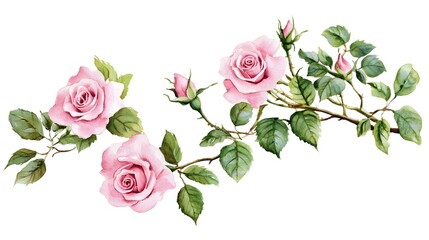 Naklejka premium Pink roses with green leaves in watercolor style, symbolizing natural beauty and delicate elegance