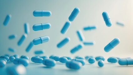 Falling blue pill capsules on a background.