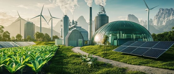 Innovative green hydrogen plant renewable energy hub gigapixel high fidelity futuristic landscape aerial view sustainable future