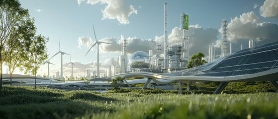 Harnessing clean energy futuristic green hydrogen plant renewable energy hub industrial landscape aerial view sustainable technology