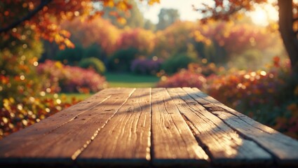 Empty wooden table featuring autumn for a food background with an outdoor theme, Template mock-up for showcasing a product.