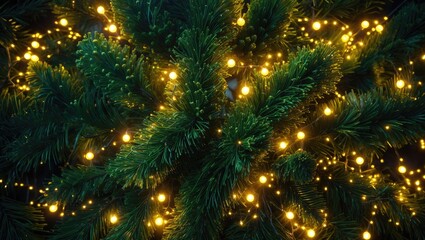 Christmas background. Soft yellow lights sparkle among thick evergreen branches, enhancing the festive and warm atmosphere for the holiday season.