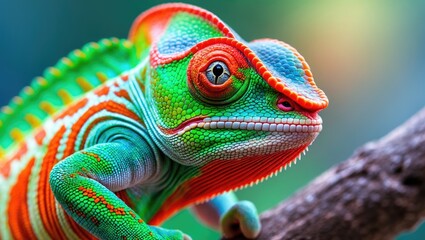 Obraz premium Chameleon close-up. Stunning chameleon close-up reptile featuring vibrant skin. The idea of disguise and vibrant skins. Exotic pet.