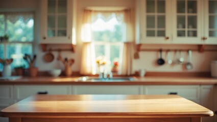 Empty wooden desk in front of a blurred kitchen window for product display