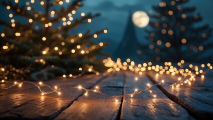 Christmas - Blurred String Lights On Rustic Wooden Table At Night With Abstract Tree And Soft Background