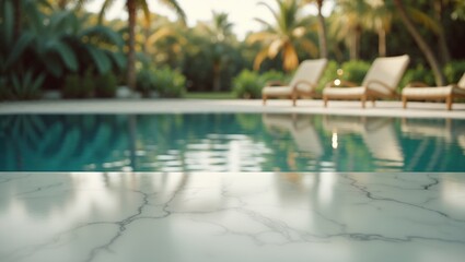 Fototapeta premium Empty white marble stone tabletop with a blurred swimming pool in a tropical resort - suitable for showcasing or assembling your products.