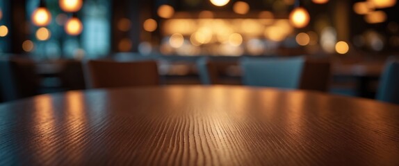 Obraz premium Empty wooden table surface with a blurred restaurant setting in the dark background, focusing selectively.