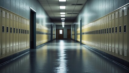 Fototapeta premium Empty school corridor lined with vacant lockers.