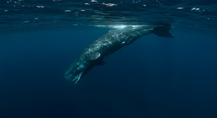 Sperm Whale Swimming Undersea in Deep Blue Ocean Environment