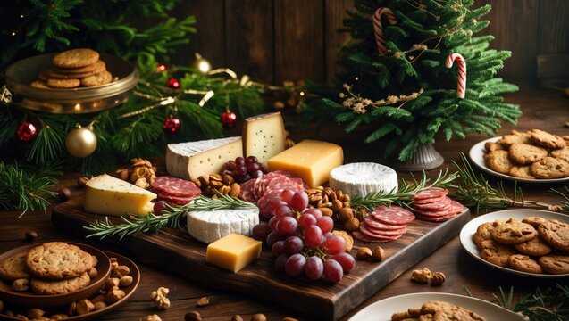 Charcuterie table arrangement against a dark wood backdrop. Variety of cheese and meat snacks. Tree, wreath, and candy cane decorations.
