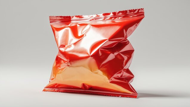 Food Packaging, mockup of foil and plastic snack bags with a cut opening isolated on a white background, red pillow packages designed for food production on a white backdrop.