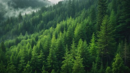 Obraz premium Forest of vibrant green pine trees in wild mountainous terrain, rugged environment of fresh growth.