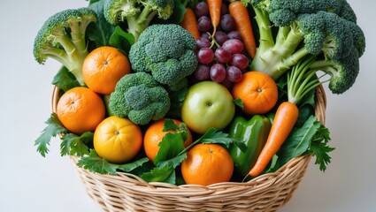 Fresh organic fruits and vegetables arranged in a wicker basket.
