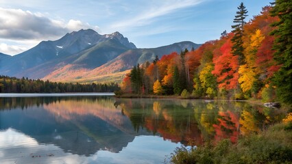 Obraz premium A crystal-clear lake surrounded by colorful autumn foliage, with mountains reflecting in the still water, perfect for wildlife in the fall, with copy space. 