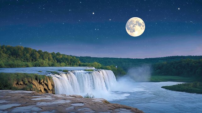 Moonlit Waterfall Night Landscape.