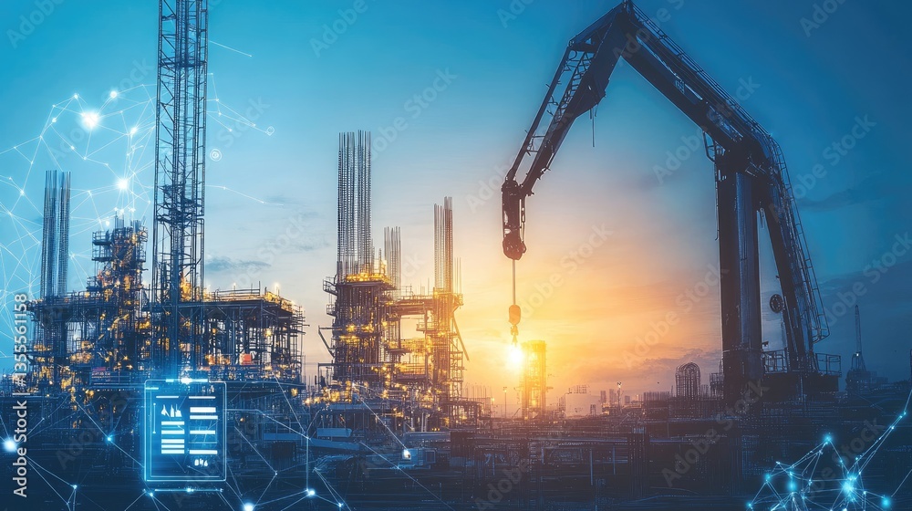 Poster g-connected construction site with iot devices tracking real-time project progress.