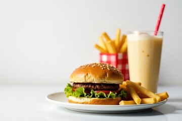 Close-up of burger, fries, and milkshake on white , high calorie, fast food, delivery