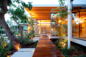 Fototapeta premium Modern Architectural Design with Glass Walls and Wooden Pathway Surrounded by Lush Greenery and Warm Lighting