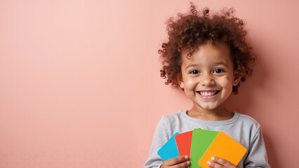Smiling child holding colorful flashcards in front of pink wall playful learning concept.