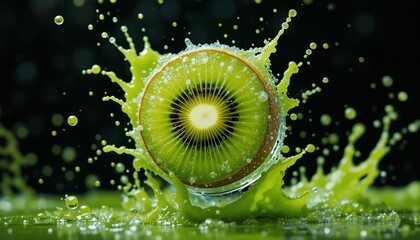 Vibrant Kiwi Slice Splashing in Fresh Juice Healthy Food Photography