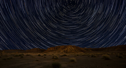 Fototapeta premium Star Trails Over Arid Landscape Shows Earth's Rotation in Night
